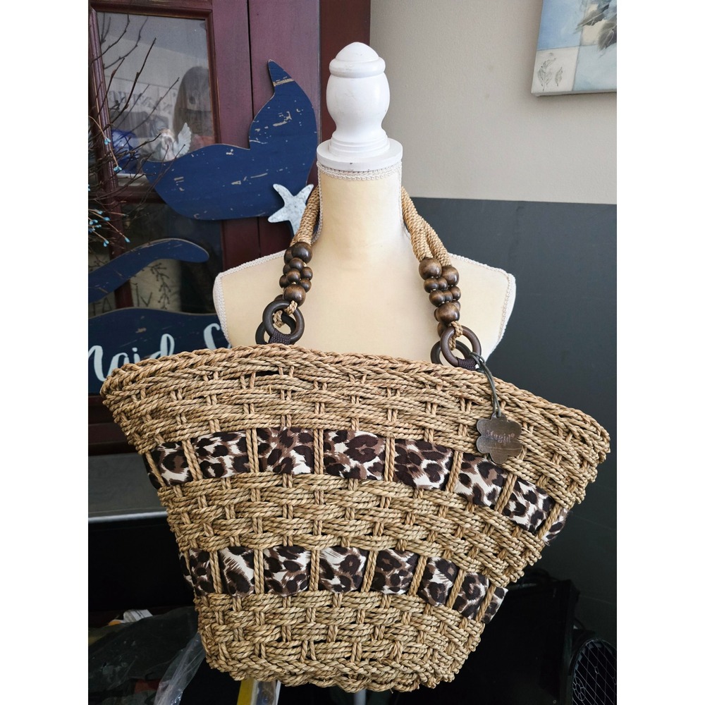 Magid Woven Straw Tote Bag Leopard Print Fabric Panels Wooden Beads Ring Handles - Picture 1 of 9